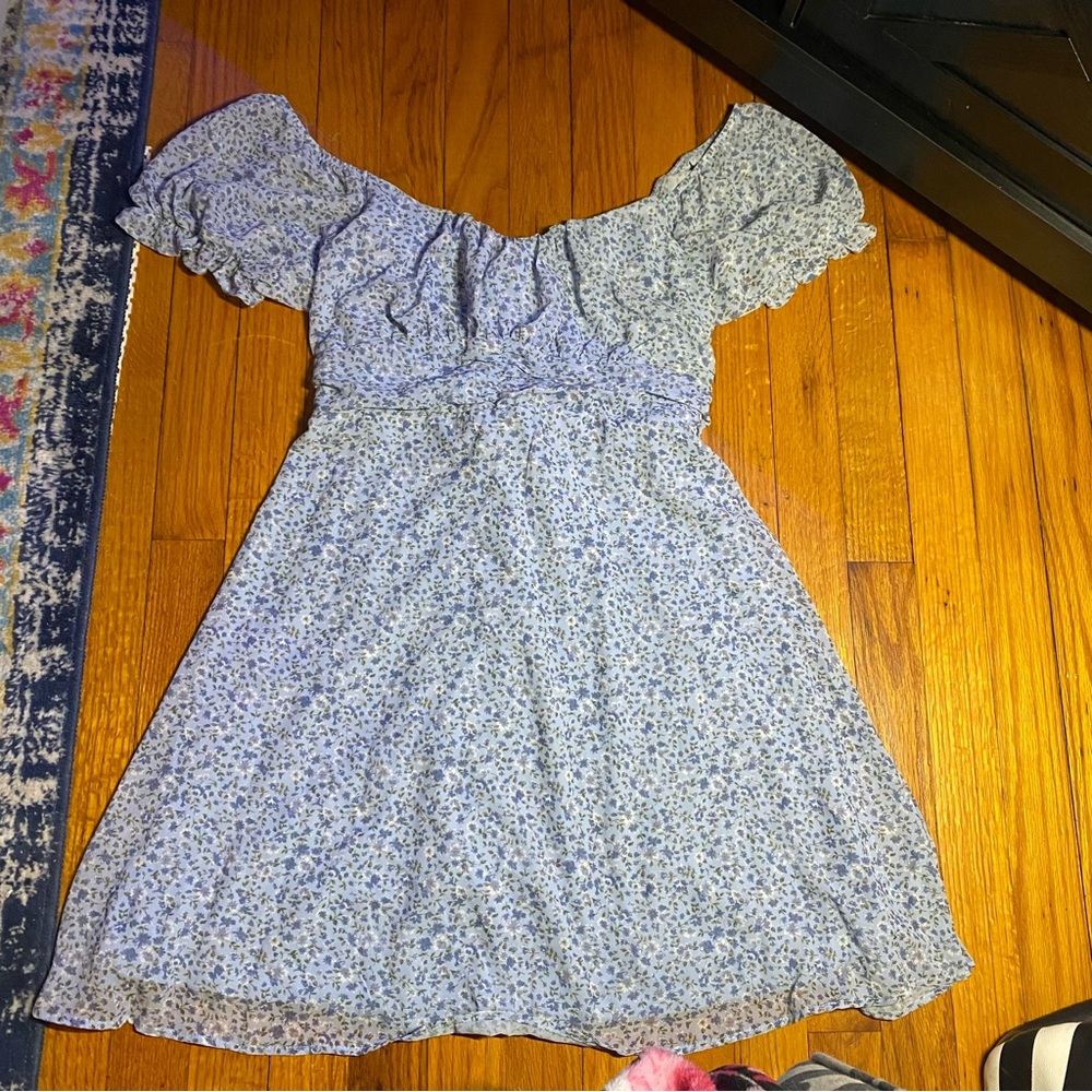 Off-Shoulder Blue Floral Mini Dress